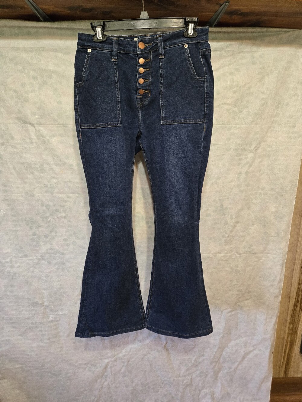 High-Waist Dark Blue Button-Fly Flared Jeans